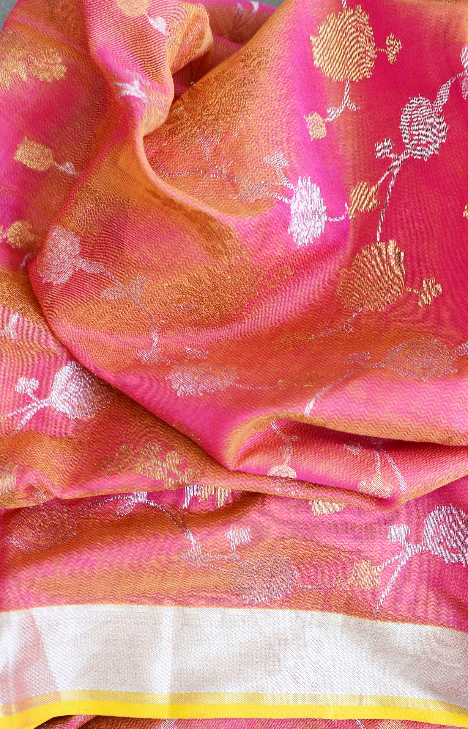 Pink, Handwoven Organic Cotton, Textured Weave , Jacquard Handpicked, Festive Wear, Jari Saree